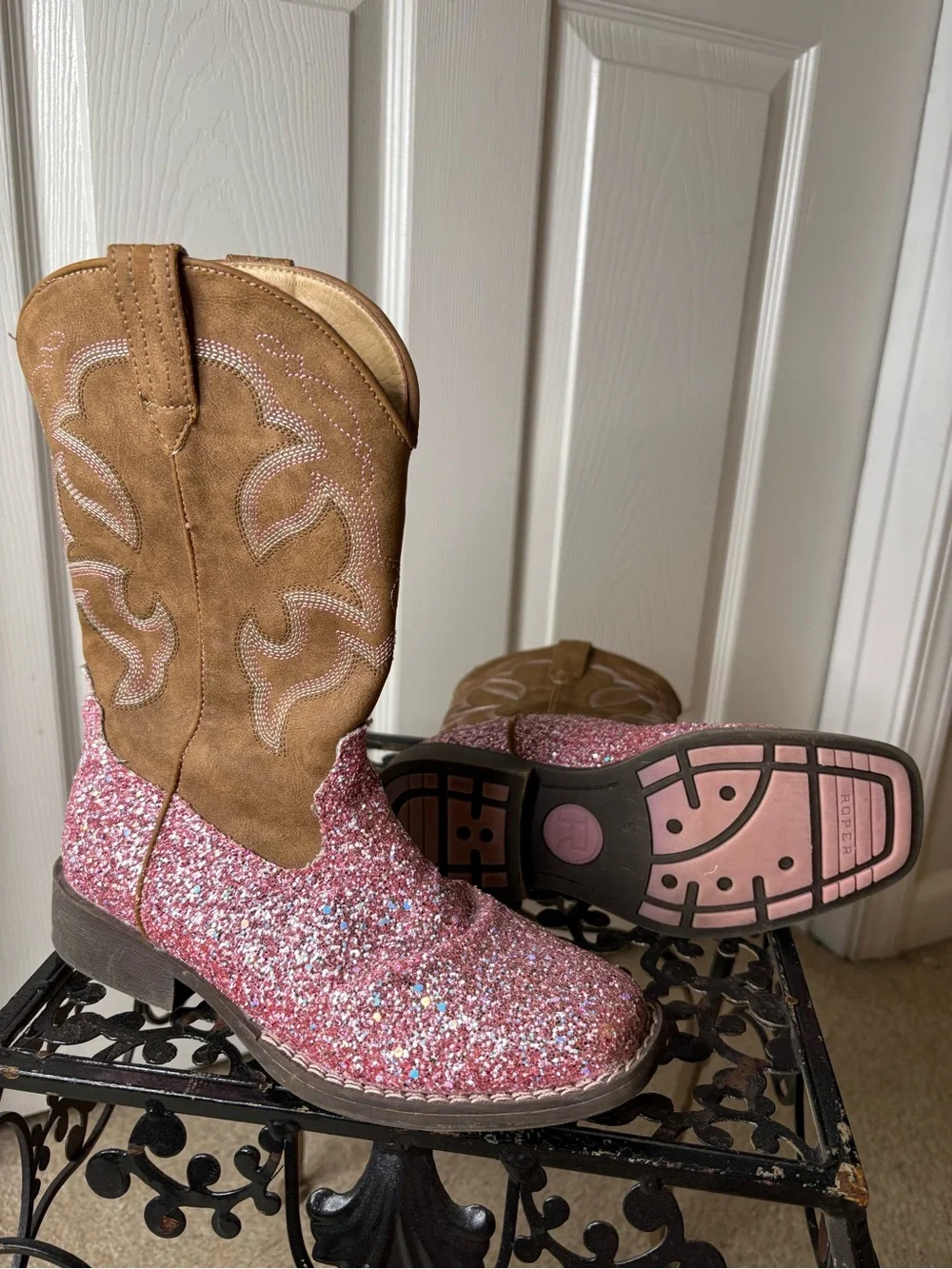 Roper Pink Glitter Gypsy Western Square Toe Cowboy Boots Little Kids Size 3